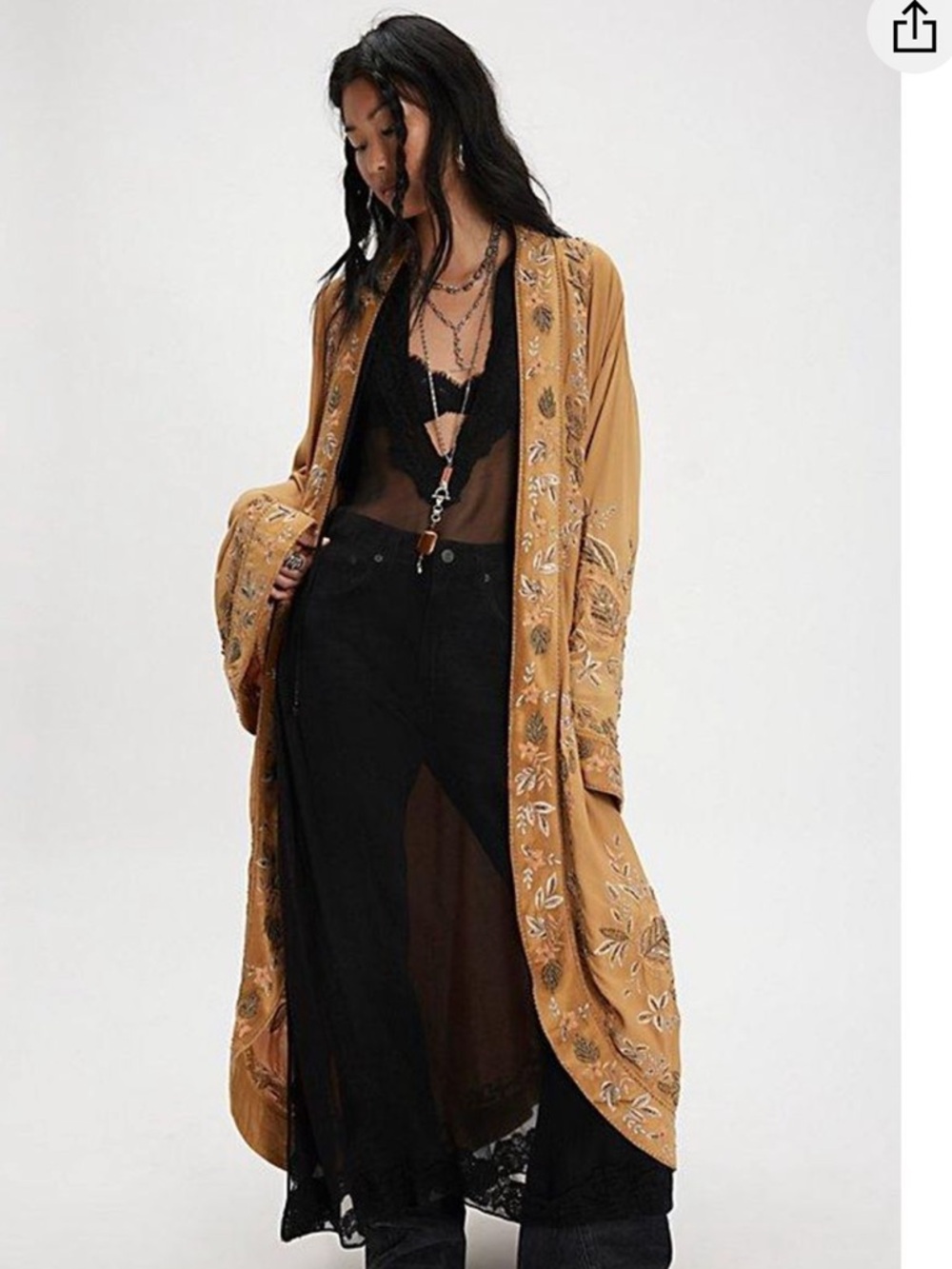 Free People Gazer Embroidered Mustard Duster Kimono